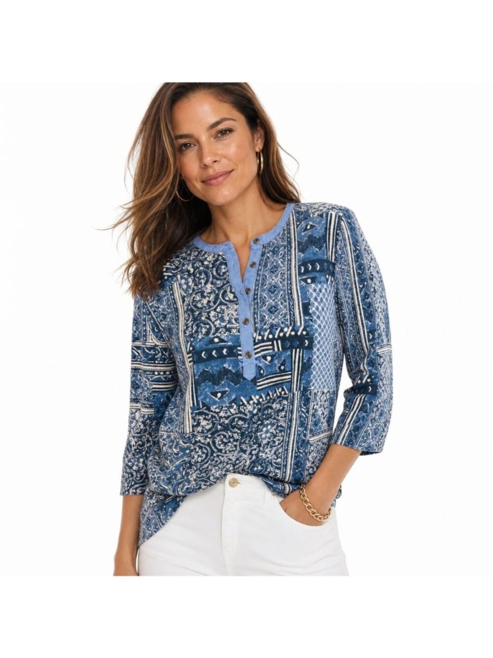 Ralph Lauren LRL Blue Patchwork Mixed Print Button Henley Top Women M Cotton